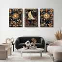 3pcs Celestial Sun and Moon Canvas Wall Art Crescent Moon Tarot Picture Botanical Wildflowers Painting Posters Astrology Gothic Print Aesthetic Artwork for Living Room Bedroom Decor 12x16in canvas (16L" x 12W")