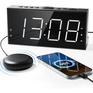 Loud Alarm Clock with Bed Shaker for Heavy Sleeper, Dual Vibrating Alarm Clock with USB Charger for Hard of Hearing/Deaf, 7.5 Large LED Display with Dimmer, Snooze, 12/24H & Battery Backup (White Digits, Thin Font)