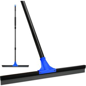 Floor Squeegee for Concrete and Tile Cleaning, 24'' Rubber Wiper Broom, Large Heavy Duty Water Scraper with 60'' Long Handle for Garage, Deck, Bathroom, Shower Glass, Window (Blue)