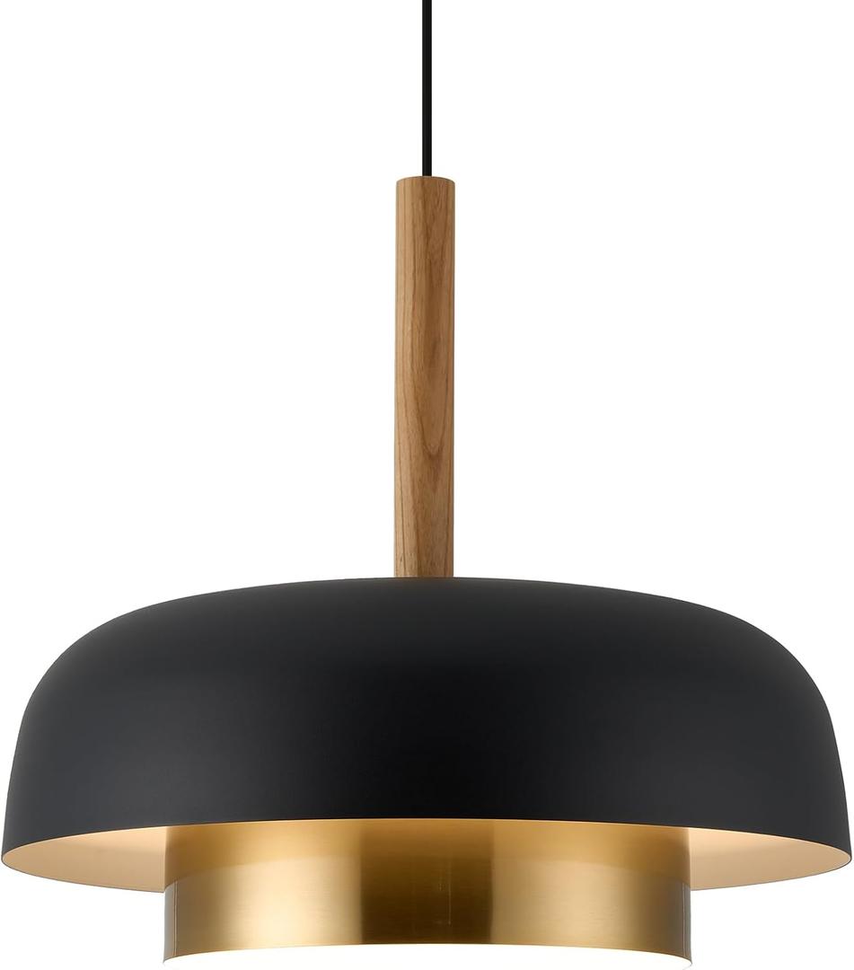 Mid Century Large Pendant Lighting,18.8 inch,2 Tiers,Raw Wood Accent,Black and Gold Modern Chandelier for Dining Room,Kitchen, Living Room
