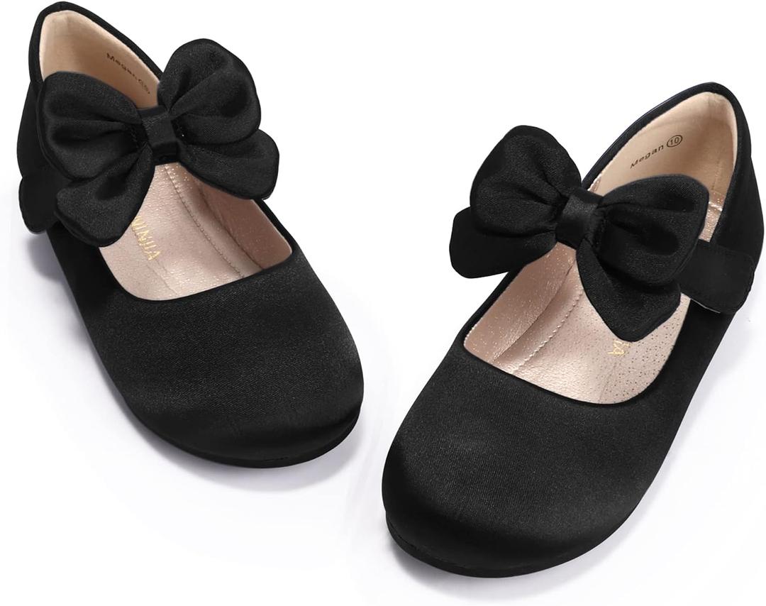 PANDANINJIA Girls Toddler/Little Kid Megan Dress Flats Shoes Pearls Bow Flower Girl Ballet Flat Mary Jane(Black Silk, 13 M US Little Kid)