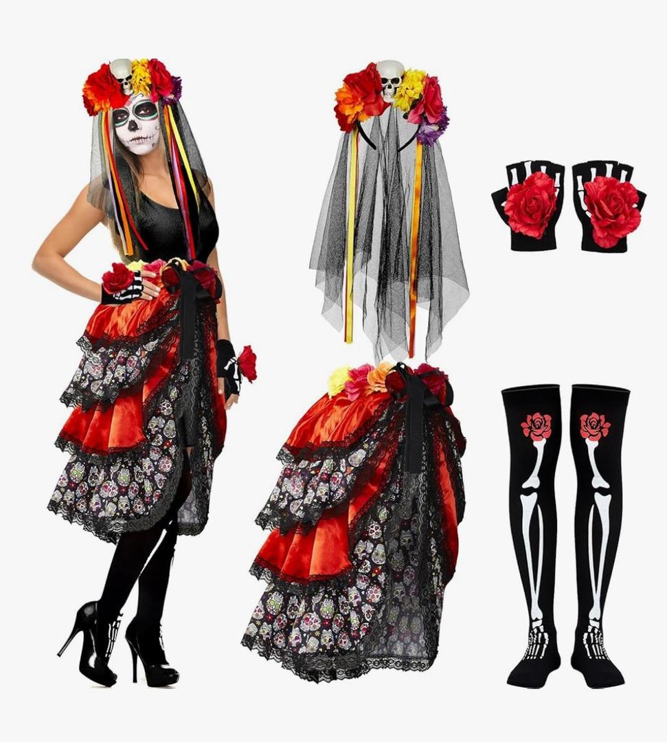 Hercicy 4 Pcs Halloween Day of The Dead Costum for Women Skeleton Mexican Lady Skull Outfit Dress Headpiece Glove Sock L