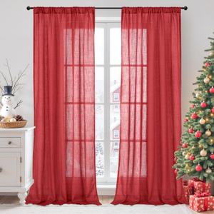 BGment Red Linen Curtains for Living Room 84 Inch Length - Semi Sheer Window Drapes Textured with Rod Pocket for Bedroom Decor Lightweight Light Filtering, 2 Panels Set, Each Panel 52 Inch Wide