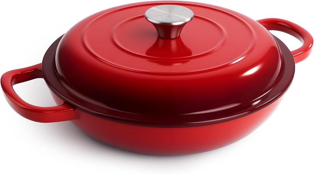 3 Quart Enameled Cast Iron Braiser, Non Stick Enameled Cast Iron Skillet with Lid, Dutch Oven Skillet with lid up to 500F for Oven, Stove, Grill, Shallow Dutch Oven for Cook, Bake (Red)