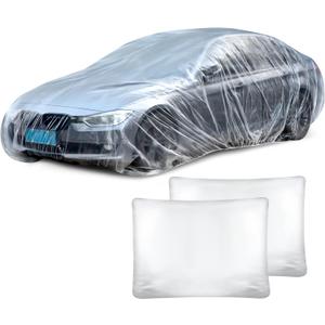 BBTO 1 Pack Universal Plastic Car Cover with Elastic Band Disposable Clear Car Covers Bulk 12.5 x 21.6 ft Waterproof Dustproof Full Exterior Protector for Sedan Outdoor Snow Rain Weather