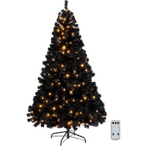 VINGLI 6ft Black Pre-lit Artificial Christmas Pine Tree with 250 Warm White Lights, Xmas Tree Holiday Party Decorations with Sturdy Metal Stand, Full 900 Tips Branch, 8 Color Modes