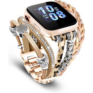 Compatible with Apple Watch Band for Women, Boho Bracelet for Apple Watch, Multilayer Leather Wrap Braided Strap for iWatch Series 42(series 11/10)/41/40/38mm Leopard khaki