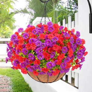 Elyum Artificial Hanging Flowers for Outdoors, Fake Flowers Artificial Petunias Hanging Baskets for Outdoors, UV Resistant Fake Hanging Plants Flowers for Outside Garden Patio Porch Decor