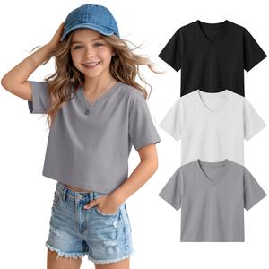 LessonZoo 3 Pack Girls Short Sleeve Crop Tops V Neck Cute Cropped T Shirts Summer Casual Tops Basic Tees Size 5-14 Years(Black, White, Gray,9-10 Years) (Black)