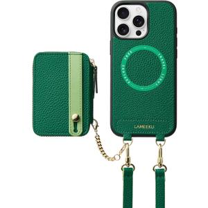 LAMEEKU for iPhone 16 Pro Max Wallet Case for Magsafe, Magnetic Card Holder Zipper Case with Phone Grip Holder Stand Adjustable Strap for iPhone 16 Pro Max 6.9'' Green