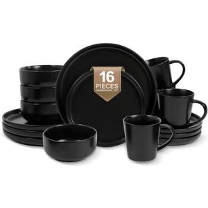 EWFEN 16-Piece Ceramic Dinnerware Sets with Mugs for 4, Black Plates and Bowls Set with Classic Design, Scratch Resistant Dishes Set, Dishwasher & Microwave Safe