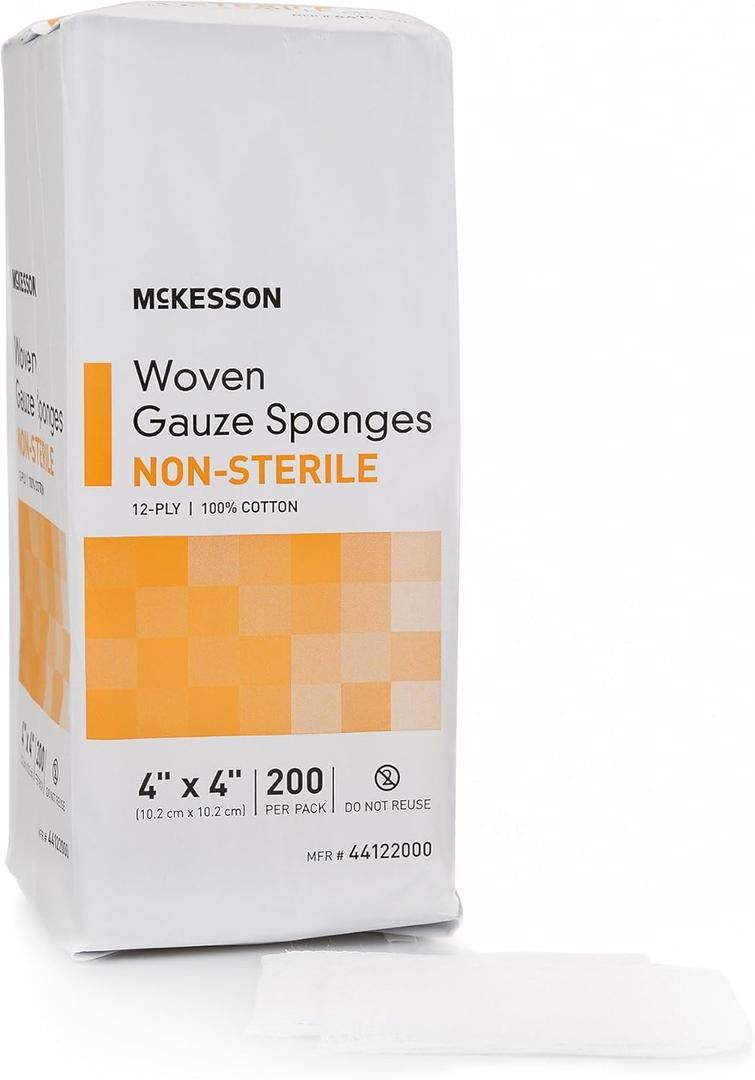 McKesson Non-Sterile Gauze Pads 4x4 Inch (200 Count) - 12-Ply 100% Cotton Non-Sterile Woven Sponges for Wound Care & First Aid - Highly Absorbent & Breathable Medical Supplies