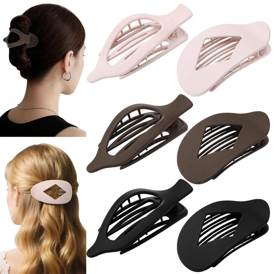 6 Pcs Flat Hair Clips for Women, 2 Styles Lay Flat Claw Clips, Large Non-slip Matte French Hair Clips for Thin Thick Hair, Neutral Color