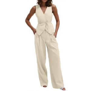 Cicy Bell Women's 2 Piece Outfits Sleeveless Tie Waist Suit Vest and Wide Leg Pants Business Casual Blazer Sets (XX-Large, Apricot)