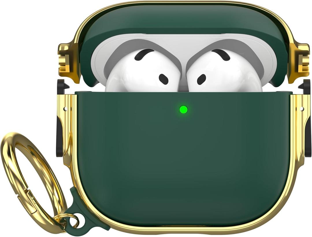Maxjoy for AirPods 4 Case with Lock, Cute AirPods 4 Case Lock Protective Hard AirPod 4 Generation Cover for Women Men with Keychain Clip for AirPod 4th Generation Cover 2024, Green/Gold