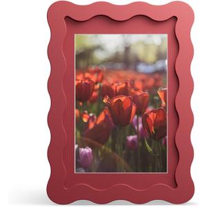 4x6 Picture Frame with Mat for 3.5x5, Wavy Edge Wooden Real Glass Photo Frame for Tabletop and Wall Hanging, Red, 1 Pack