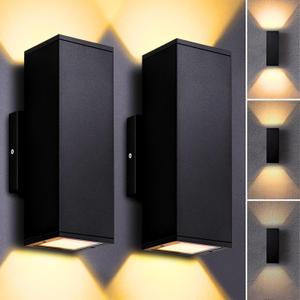Dimmable Wall Lights Outdoor 2 Packs, Integrated LED Square Up Down 12W 2700K Modern Aluminum Light, Waterproof Exterior Lighing Fixtures for Porch Patio Garage Gardern (Black)