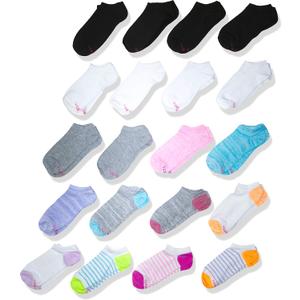 Hanes Girls' No Show Socks Super Value 20-Pair Packs (Small, Assorted Fashion)