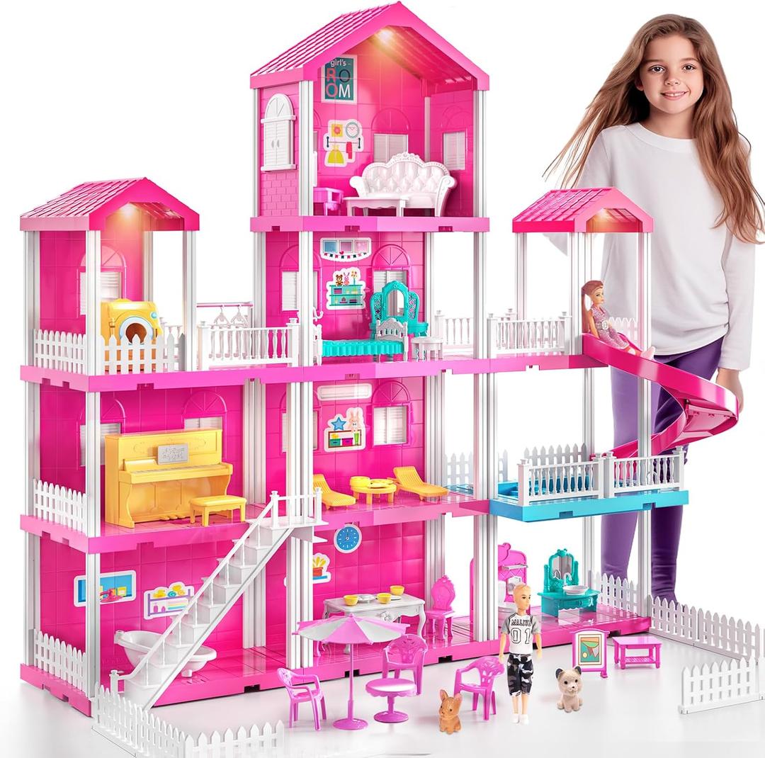 Pink Villa Playset for Girls Ages 3-7, 4-Story 10-Room House
with 2 Dolls and Lights, Furniture & Accessories, Pretend Girl Toy, Birthday Gifts for Kids 3-8
