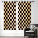 2 x Brown Black Checkered Abstract Retro Living Room Bedroom Window Curtains, 42"W x 63"L