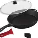 Cuisinel 15" Cast Iron Skillet + Glass Lid Cover + Pan Scraper + Heat-Resistant Silicone Handle Grip - Pre-seasoned Oven-Safe Kitchen Cookware - Indoor/Outdoor - Camping, Grilling, BBQ, Oven Safe