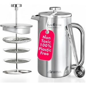 Ziruma Non-Toxic French Press, Surgical Stainless Steel Coffee Press, Plastic-Free, Heavy Metal-Free, No Endocrine Disruptors, 34 Oz, Double Wall, 4-Layer Filter, Portable Coffee Maker
