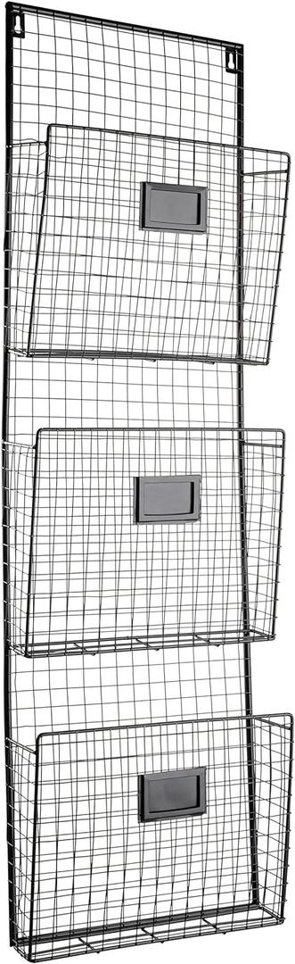 Designstyles Three Tier Wall File Holder  Durable Black Metal Rack with Spacious Slots for Easy Organization, Mounts on Wall and Door for Office, Home, and Work (Black)