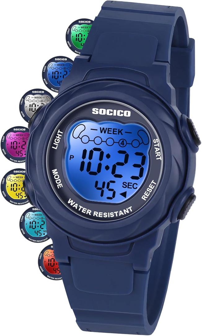 SOCICO Kids Digital Watches for Girls Boys, 5ATM Waterproof, 7 Color Lights Waterproof Watches for Kid with Alarm Stopwatch, Soft Band Wrist Watch Christmas Gifts for Kids Ages 5-12 (Blue)