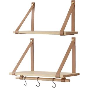 Wall Wood Floating Shelves,Multifunctional PU Leather Strap Storage Shelves,Storage Organizer for Kitchen,Living Room,Bedroom,Study,Set of 2 (Burlywood)