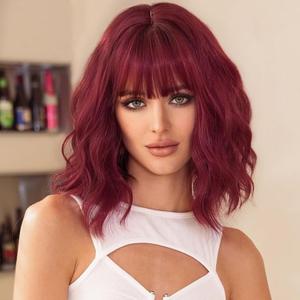 Burgundy Bob Wig For Women Short Wavy Wigs with Bangs Shoulder Length Hair Heat Resistant Curly Synthetic Wigs For Girls Daily Use(99J) (14 Inch)