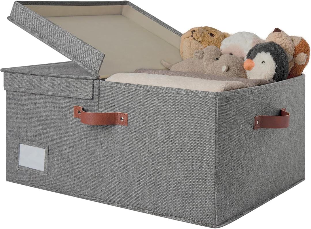 GRANNY SAYS Large Storage Bins With Lids, Decorative Boxes, Fabric Containers With Double-Open Lid and Divider, Collapsible Clothes Organizers, 63L Linen for Closet, Dark Gray (Extra Large - 1 Pack)