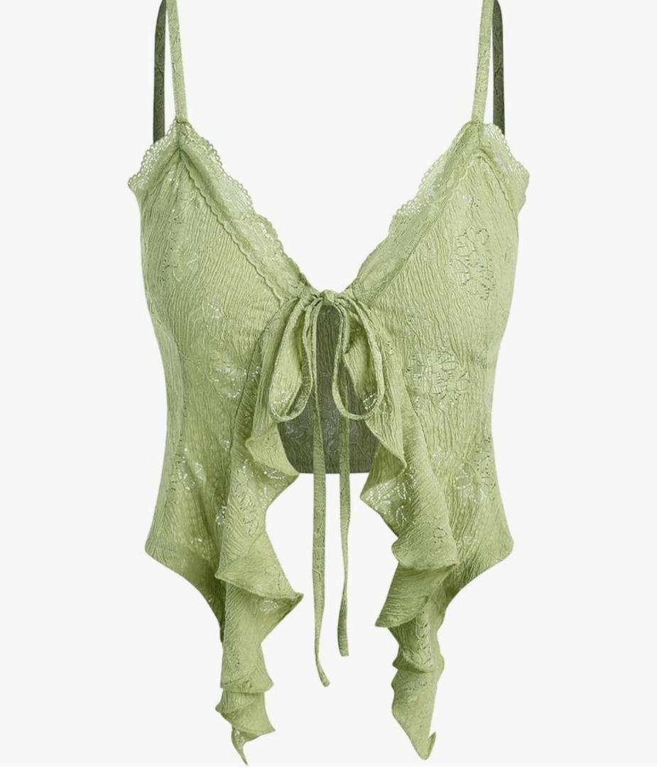 CIDER Going Out Tops for Women Y2K Tie Front Asymmetrical Ruffle Hem Lace Spaghetti Strap Cowgirl Crop Tops, Size L