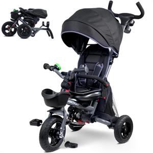 RIDYEE 7-in-1 Folding Toddler Tricycle for 18 Months to 5 Years, Tricycle Stroller with Dual Brakes, All-Terrian Rubber Tire, Tricycle for Toddlers with Rotatable Seat, Adjustable Push Handle, Grey