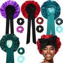 JaGely 4 Pcs Satin Bonnet for Women Tie Hair Bonnet for Sleeping Large 2 Layered Silk Cap With 8 Pcs Hair Scrunchies Double Layer Satin Bonnets (Dark Color)