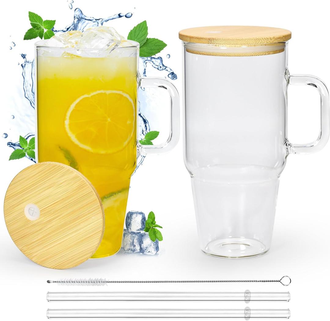 FECBK Glass Cups with Lids and Straws 32 oz Glass Tumbler with Straw and Lid 2 Pack Glass Tumbler with Handle Wide Mouth Iced Coffee Cups for Smoothies, Soda, Tea, with Bamboo Lids