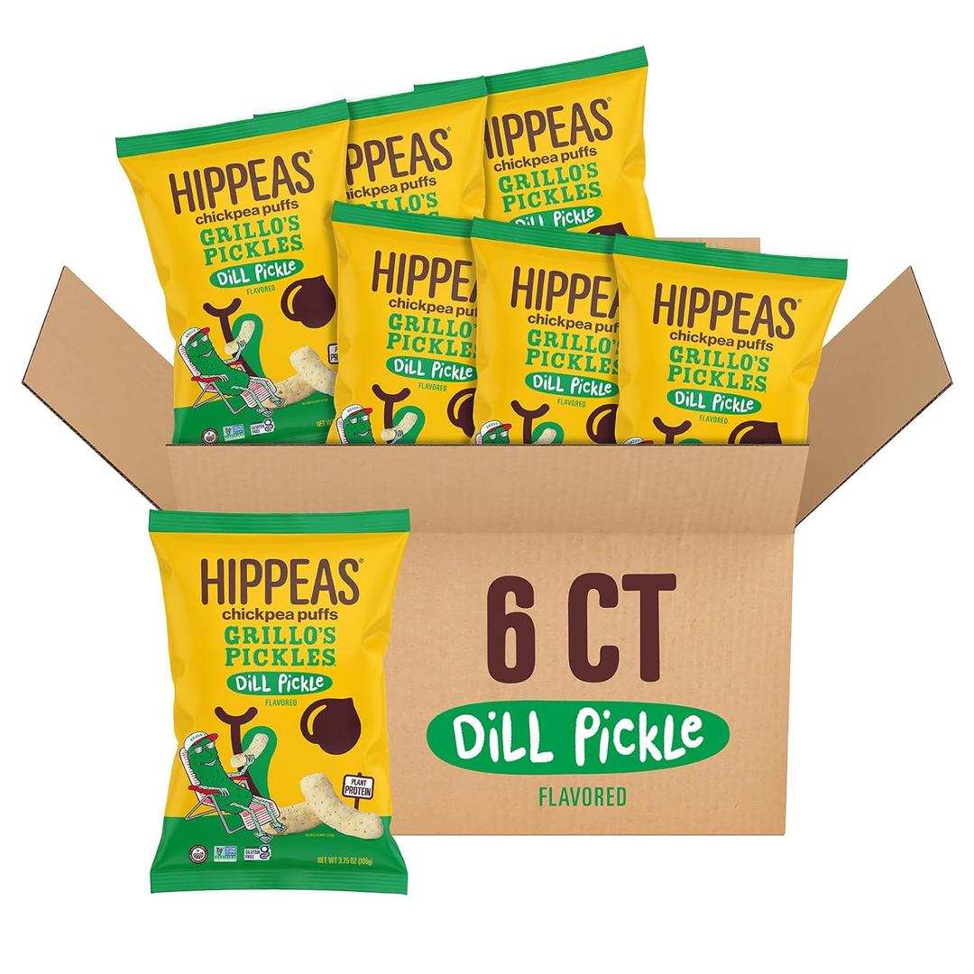 Hippeas Chickpea Puffs, Grillo's Dill Pickle, 3.75 Ounce (Pack of 6), 3g Protein, 2g Fiber, Vegan, Gluten-Free, Crunchy, Plant Protein Snacks BB 3/10/26