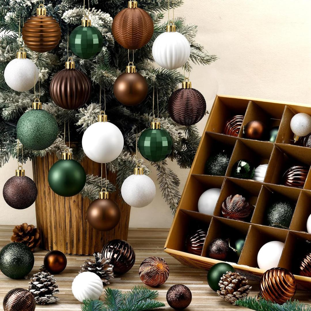 64 Pcs Neutral Christmas Ball Ornaments Brown Green White Xmas Bulbs Ornament 1.6/1.97/2.4 Inch Vintage Xmas Baubles Assorted Size Modern Christmas Decoration for Tree Holiday Indoor Home Decor