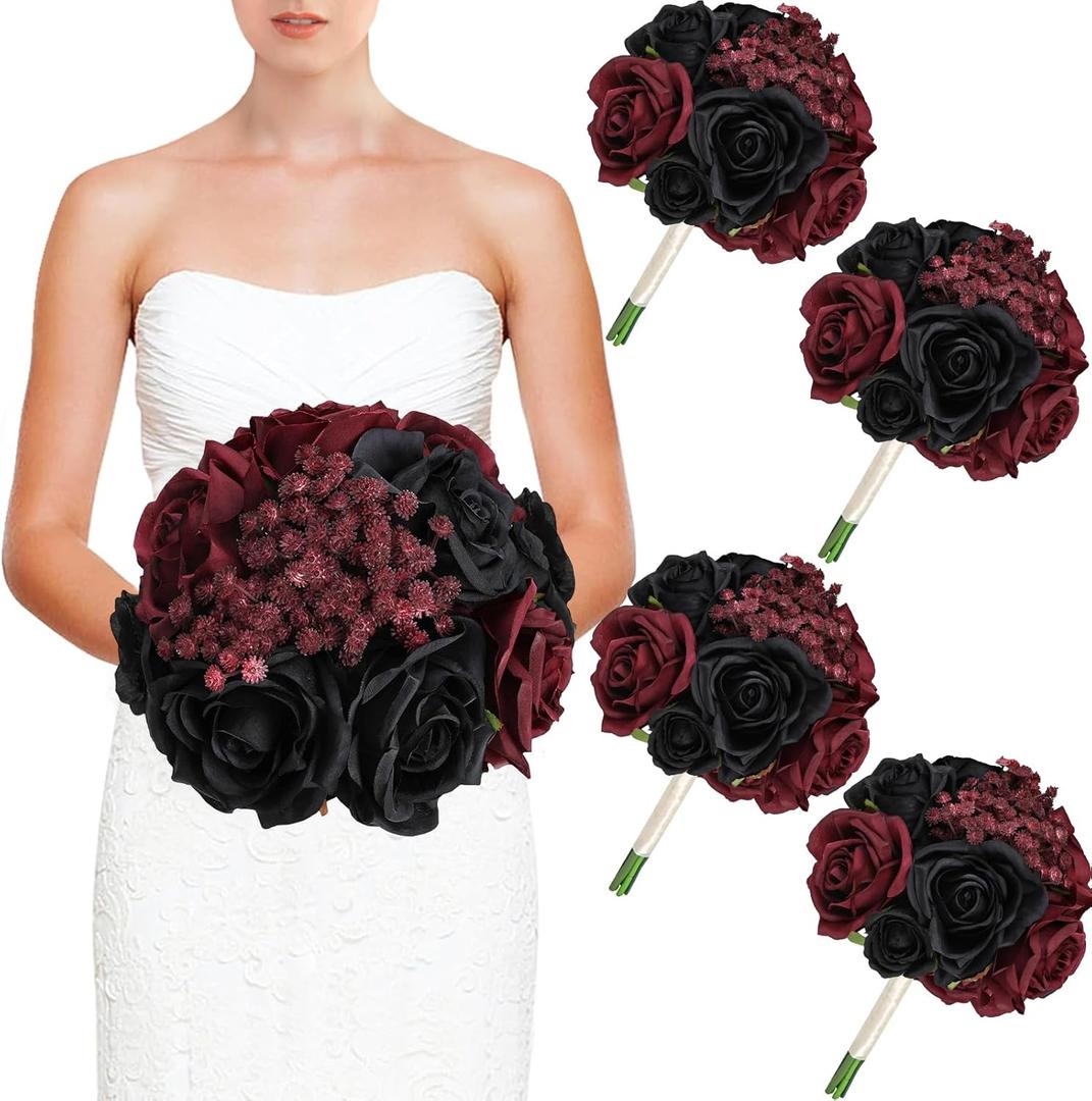 DIYDOFUN Wedding Bridesmaid Bouquets, Artificial Silk Flowers Arrangement for Ceremony Marriage Proposal Party Anniversary Decorations (Burgundy & Black, Set of 4 Bouquets)