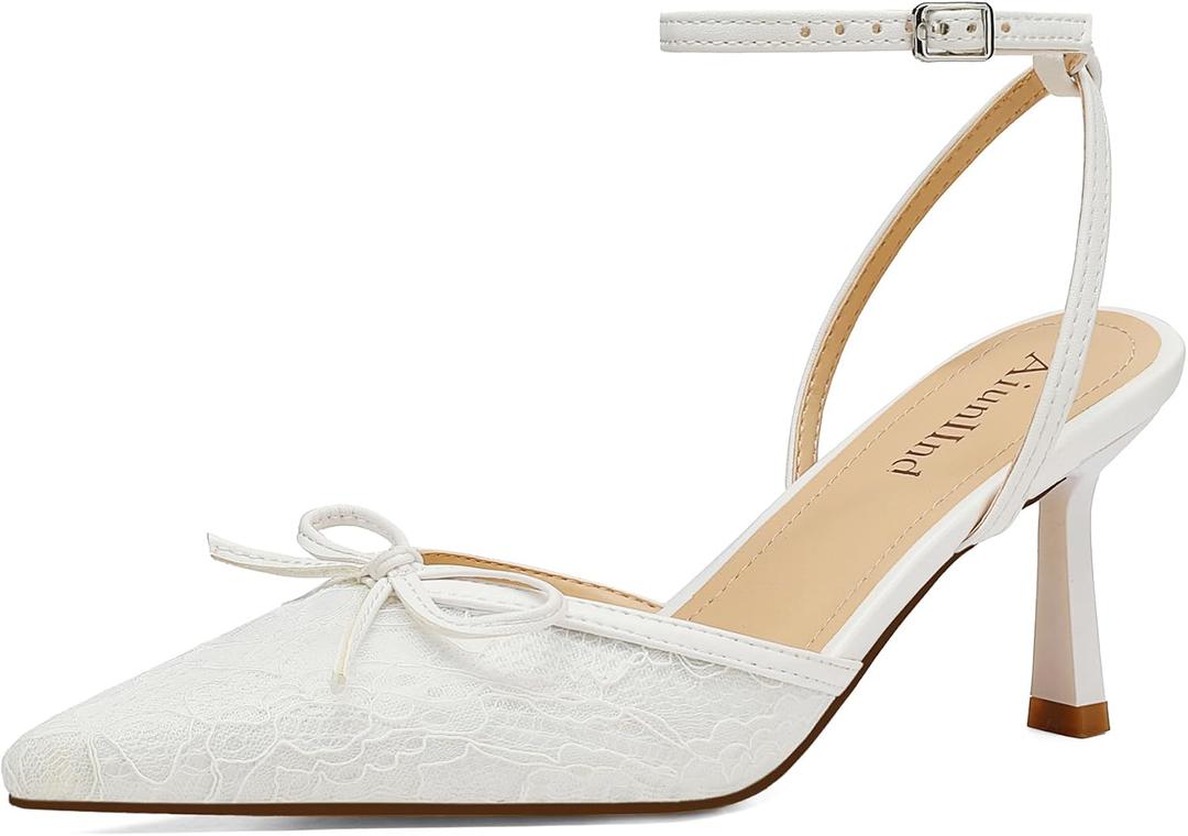 AIUNIIND Women's Pointed Toe Kitten Heel Lace Pumps Ankle Strap Heeled Sandals Wedding Dress Shoes for Women, White US 6.5