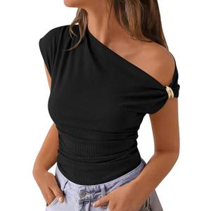 PRETTYGARDEN Womens Summer Off The Shoulder Crop Tops Ribbed Going Out Fitting T Shirts Trendy Spring Y2k Clothes 2026 (Small, Black)