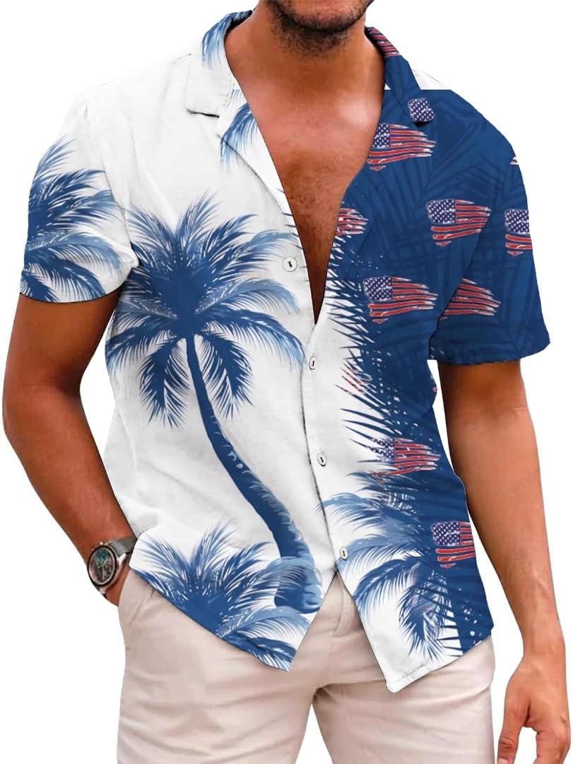 Mens Hawaiian Shirts Short Sleeve Button Down Tropical Beach Summer V Neck Shirt (XX-Large, Palm Tree Flag)