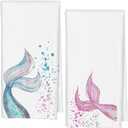 Mermaid Bathroom Decor Hand Towels Set of 2, Mermaid Gifts Blue Pink Tail Decorative Kids Hand Towels for Girls, Coastal Beach Kitchen Towels, 16x24 Inch