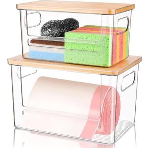 Trash Bag Holder Dispenser 2 Pack, Garbage Bag Dispenser with Bamboo Lid & Handles, Stackable Clear Trash Bag Organizer Under Sink for Kitchen, Pantry, Laundry Room, Cabinet (XL+S)