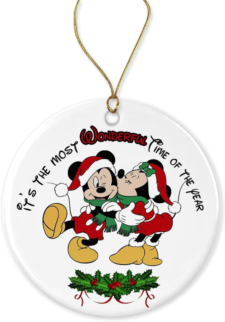Wonderful Time of The Year Ornament Ornament, Mic-Key and Minnie-Mouse Christmas Ornament, Dis-ney Ornament, 2023 Keepsake, Xmas Gift, Round Ceramic Ornament Printed on Both Sides