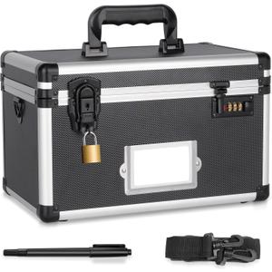 LOCKCURX Medication Lock Box, Lockable Storage Box with Dual Locks (Combination & Padlock), Lockbox with Shoulder Strap & ID Label Slot, for Valuables and Medicine(13.4 x 7.5 x 8.3 Inch, Black)