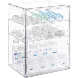 ERTIUANIO Baby Bottle Organizer 3 Tier Bottle Storage Organizer Baby for Nipples, Pump Parts, Food Jars Clear Acrylic Bottle Station Organizer for Countertop and Kitchen, Gifts for New Mom