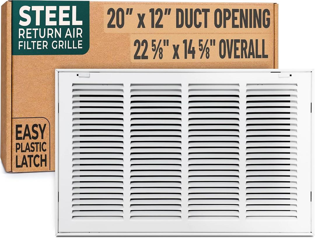 Fits 20x12 Duct Opening | Steel Return Air Filter Grille by Handua [Removable Door] for 1-inch Filters | Vent Cover Grill | White | Easy-to-Use Plastic Latches | Outer Dimensions: 22 5/8"W X 14 5/8"H