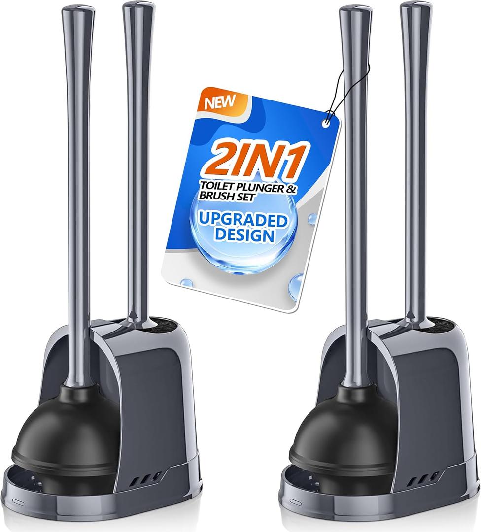 Toilet Plunger and Brush,2 Pack Bowl Brush and Heavy Duty Toilet Plunger Set with Ventilated Holder, 2-in-1 Toilet Brush and Plunger Combo for 5.3-inch Toilet Drain Bathroom Cleaning (Gray)