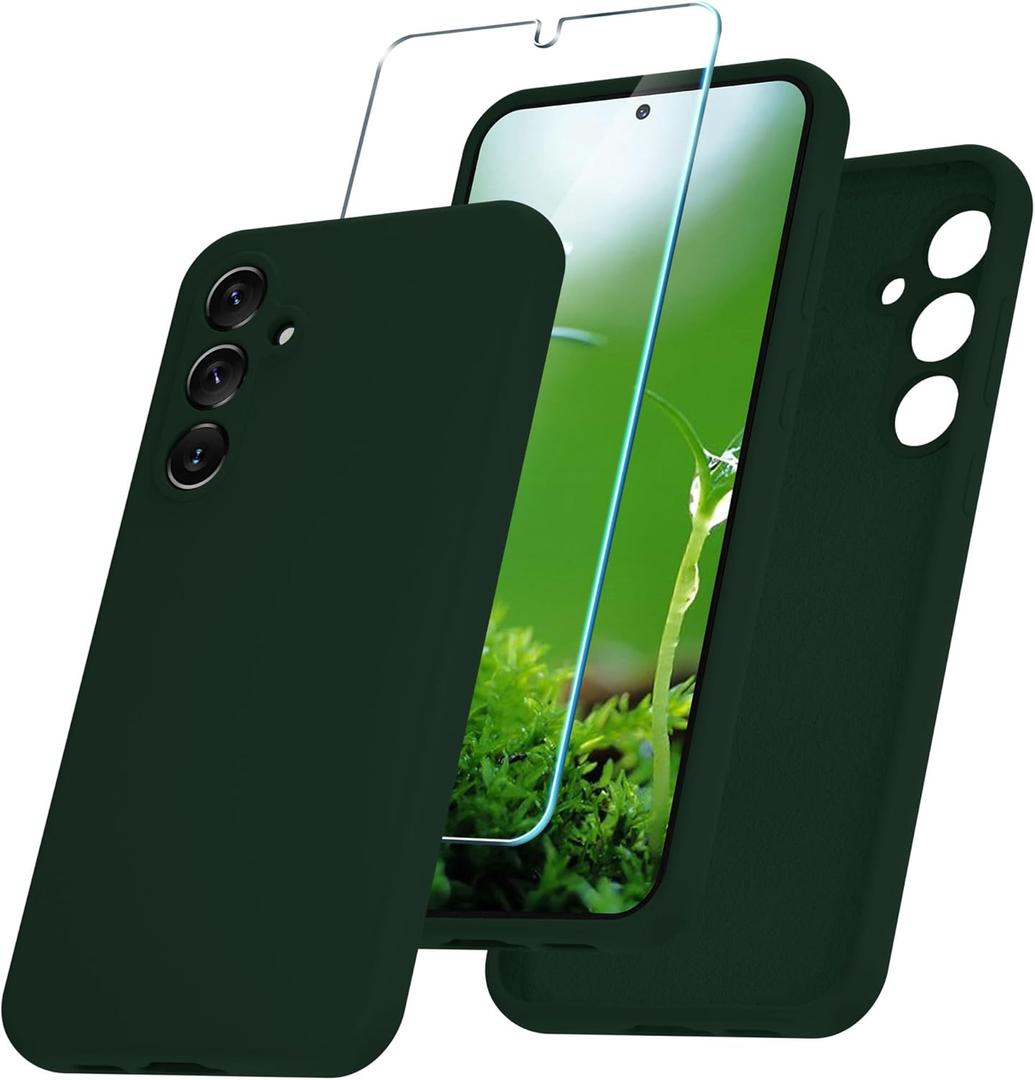 for Samsung Galaxy S23 FE Case, Silicone Phone Case with 1 Screen Protector, Soft Anti-Scratch Microfiber Lining, Full Body Shockproof Slim Cover Support Wireless Charging, Deep Green (S23 FE-6.4 Inch)