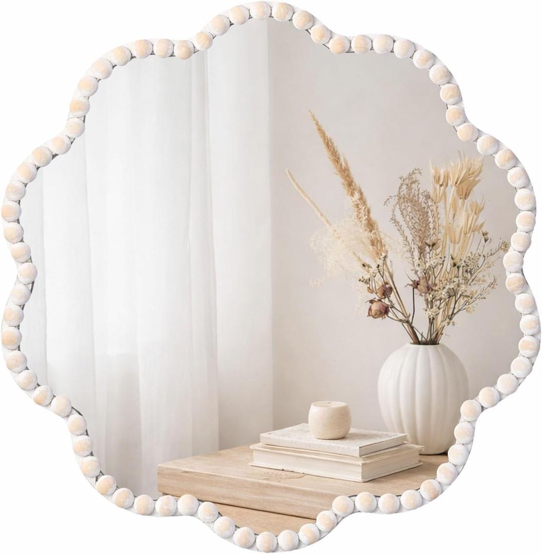 SWTHONY 15inch Small Boho Beaded Flower Mirror for Wall Decor, Cute Decorative Hanging Wooden Circle Nursery Mirrors for Girl Room, Bedroom, Livingroom